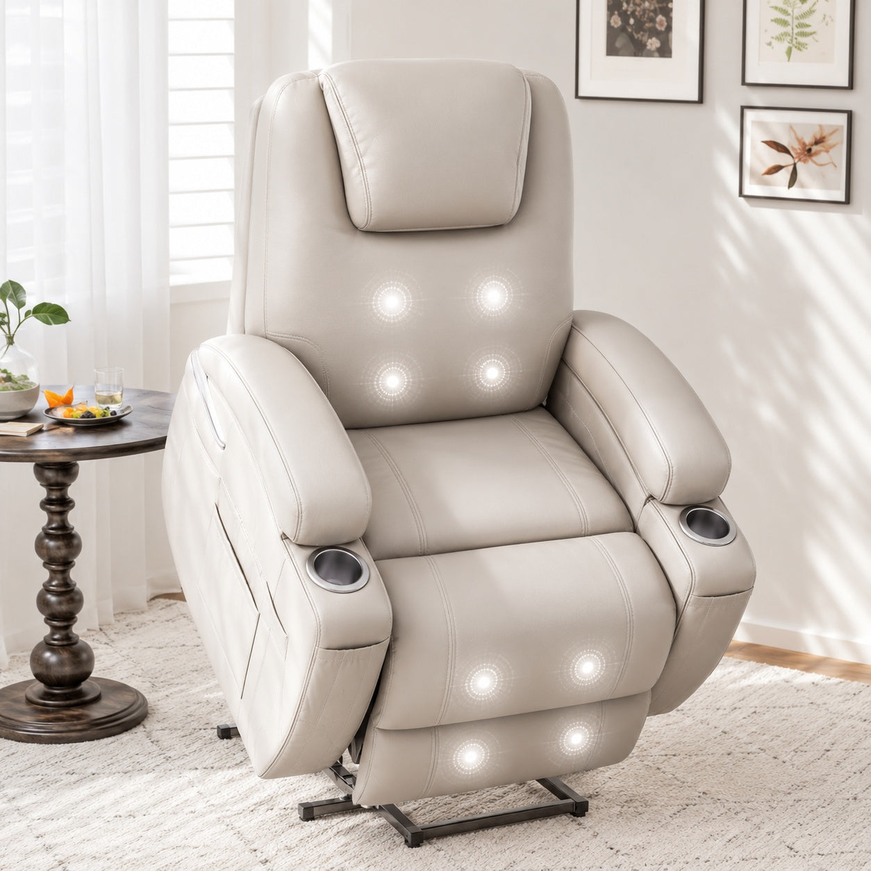 LACOO Power Lift Recliner Chair with Massage for Elderly Ergonomic Lounge Chair Classic Single Sofa with 2 Cup Holders Khaki