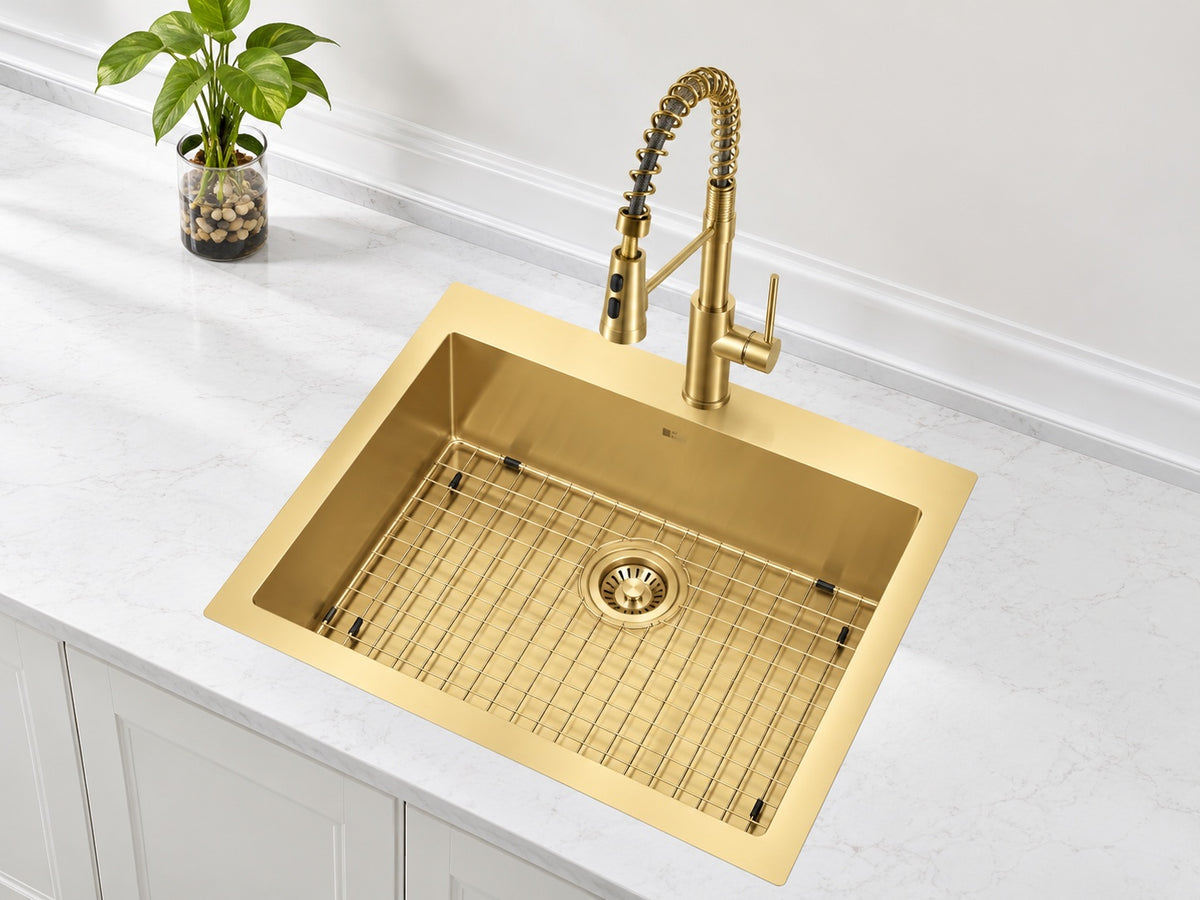 Glacier Bay 30 in Drop In Single Bowl 18 Gauge Gold Stainless Steel Kitchen Sink with Spring Neck Faucet 4523FG 1
