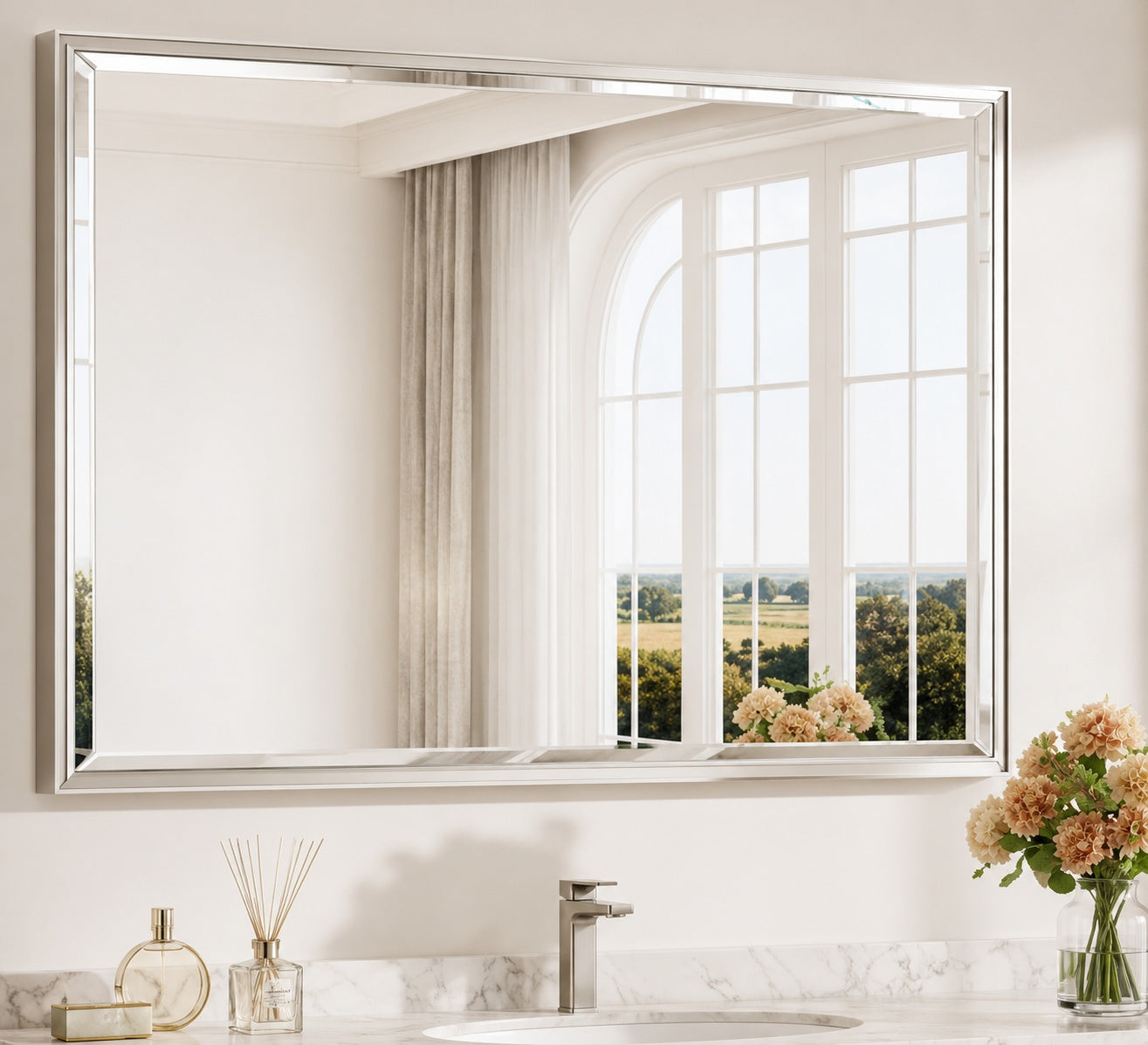 KeonJinn 40 in W x 30 in H Framed Brushed Nickel Mirrors for Bathroom Wall Beveled Mirror Bathroom Vanity Mirror Over Sink
