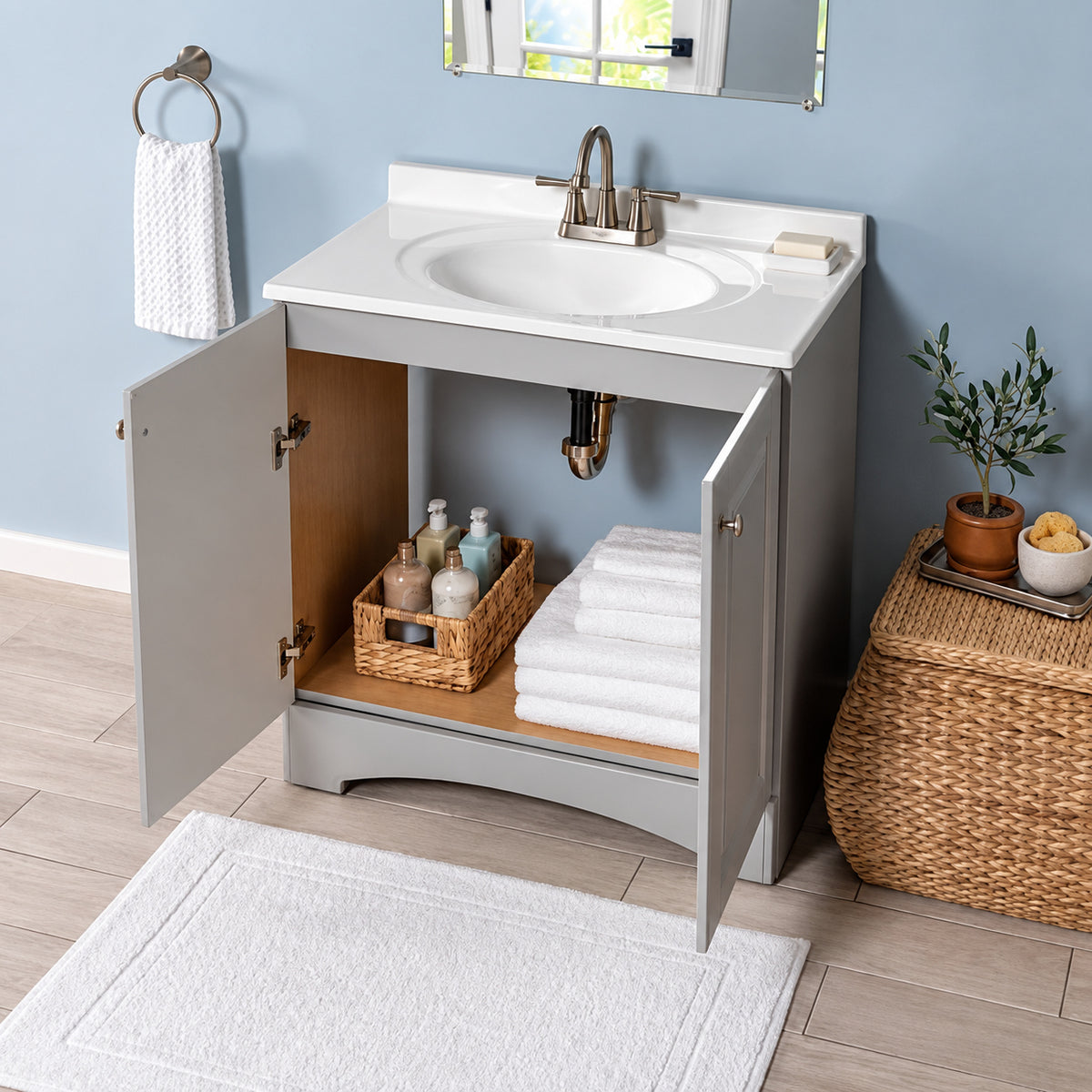 Glacier Bay 31 in Single Sink Pearl Gray Freestanding Bath Vanity with White Cultured Marble Top Assembled