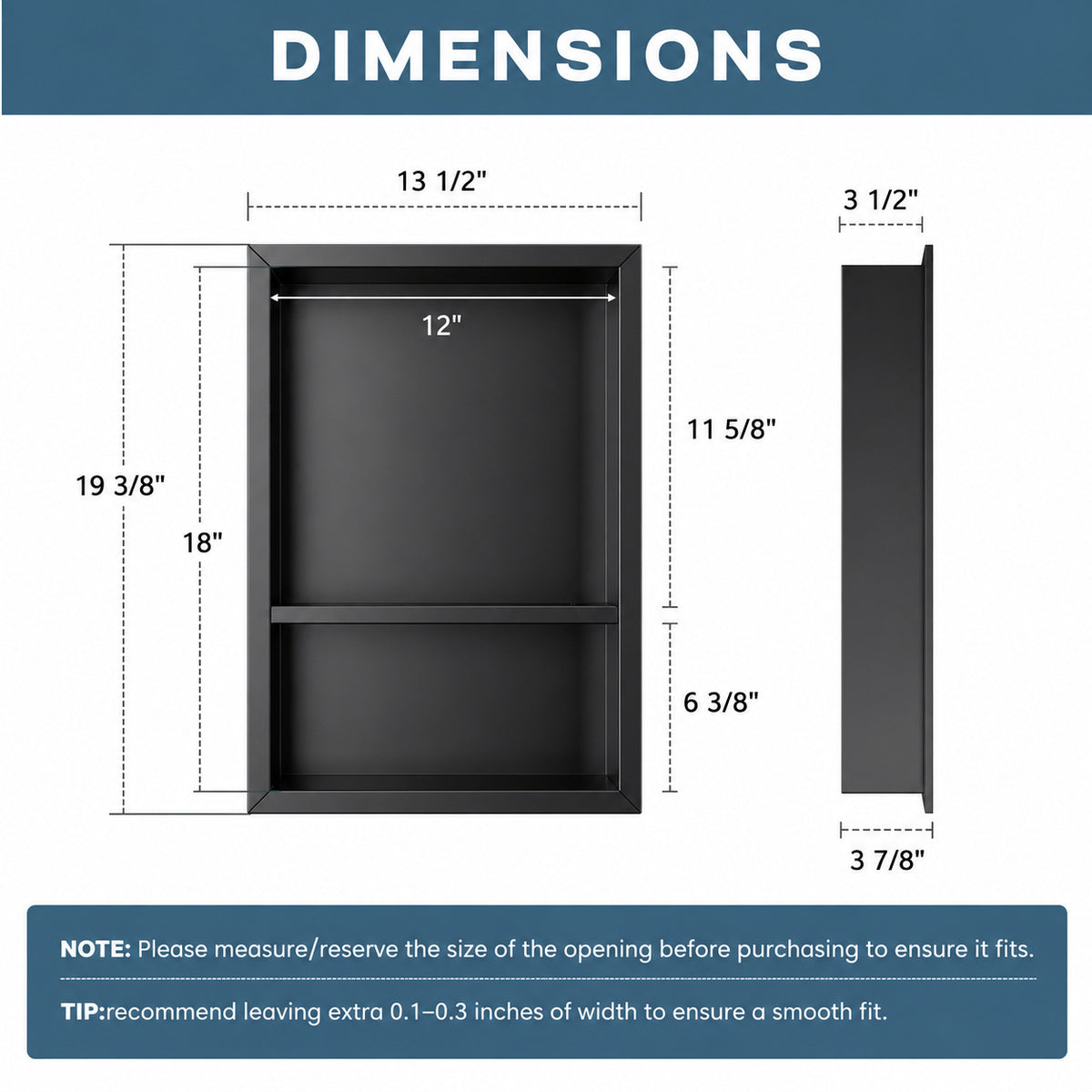 Yuaris 12 in W x 18 in H x 4 in D Waterproof Recessed Shower Niche with Double Shelves in Matte Black No Tile Needed SN1218BL2