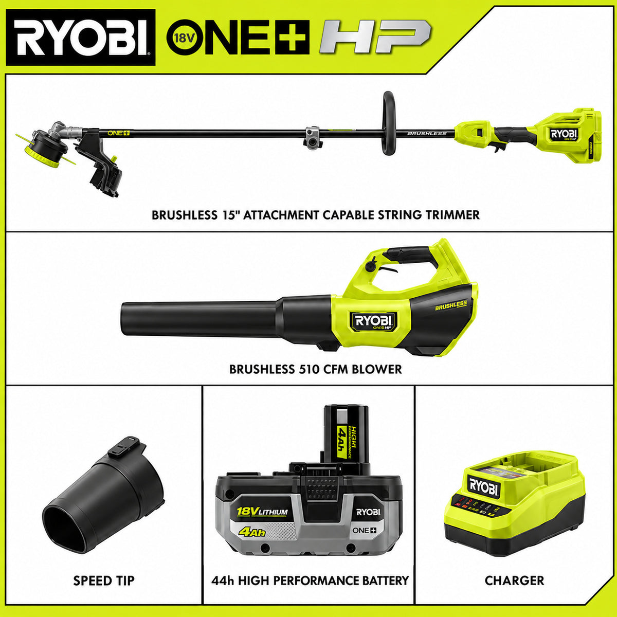 RYOBI ONE HP 18V Brushless Cordless 15 in String Trimmer 130 MPH 510 CFM Leaf Blower Combo Kit w 4 0 Ah Battery Charger PBLCK202K