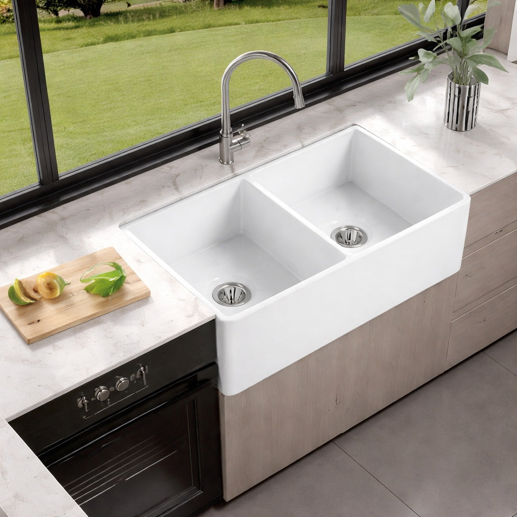 AKDY White Fireclay 33 in Double Bowl Apron Front Workstation Kitchen Sink with Basket Strainer and Cutting Board