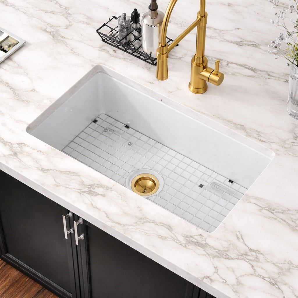 LORDEAR 30 in Fireclay Ceramic Undermount Single Bowl Kitchen Sink in White with Gold Drain and Bottom Grid