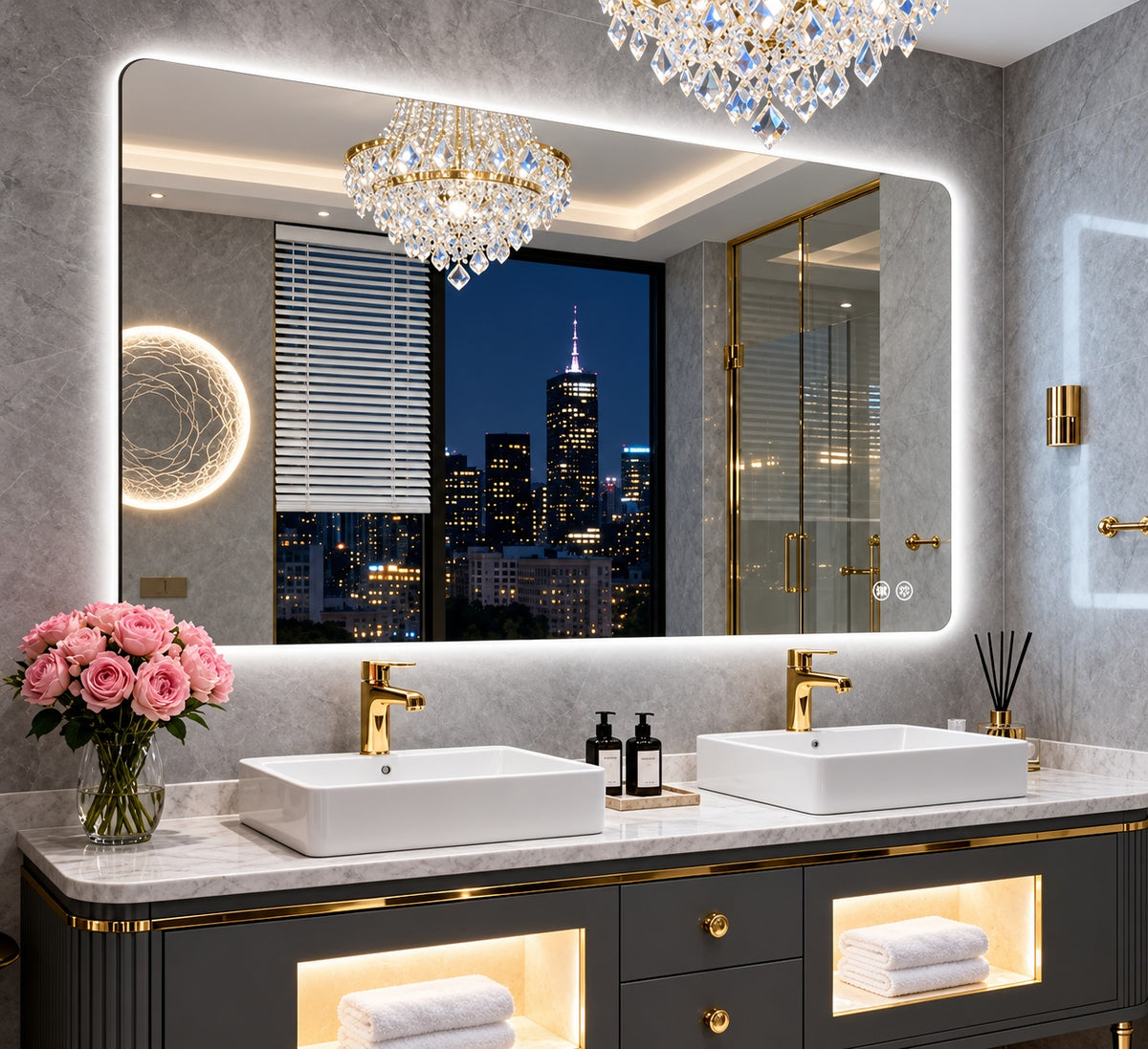 Sxiawe 35 9 in W x 59 9 in H Rectangular Frameless LED Adjustable Backlit Large Area Anti Fog Wall Mount Bathroom Mirror