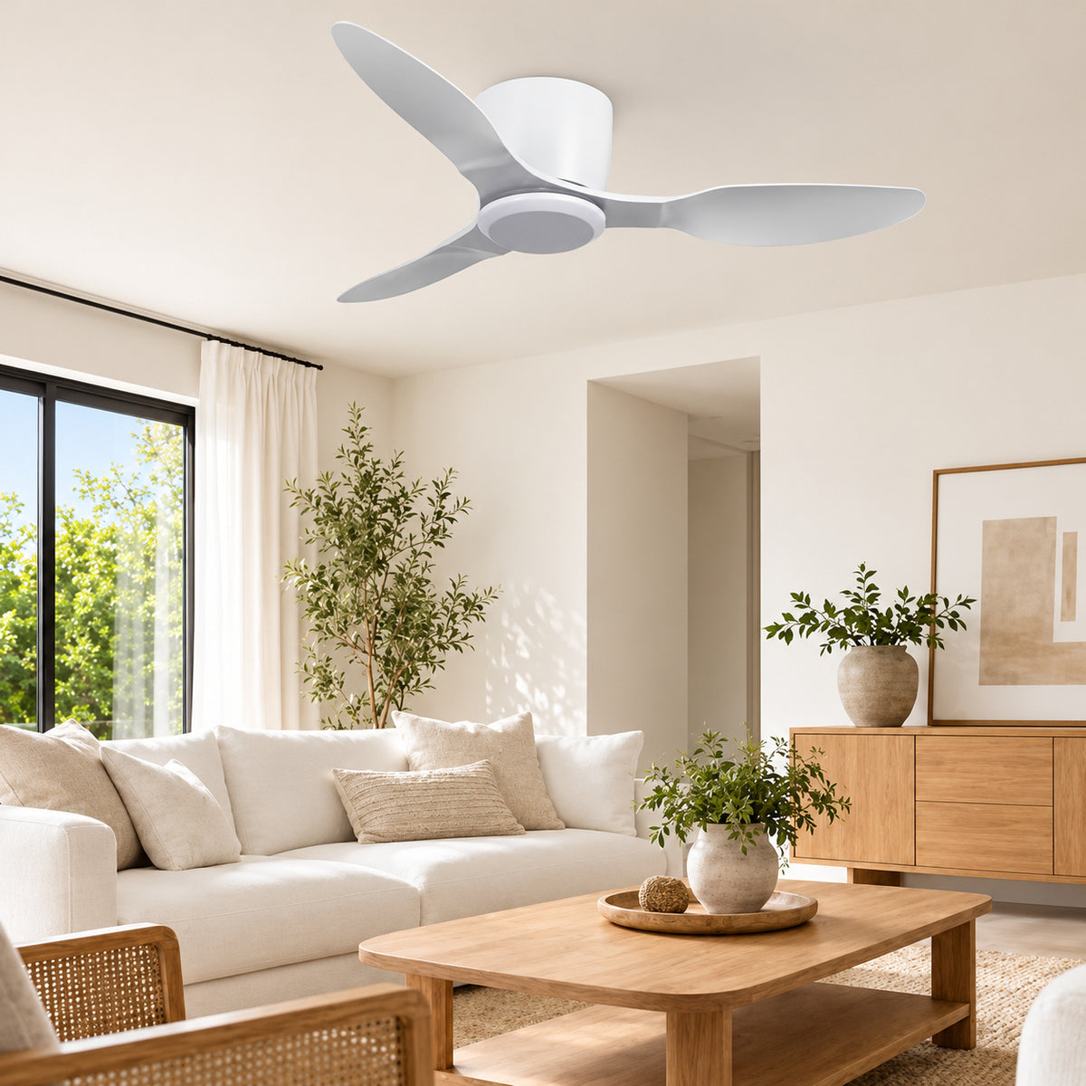 42 in Indoor White Flush Mount Ceiling Fan with Quiet Reversible DC Motor and Remote Control for Bedroom or Living Room AGH 002 K