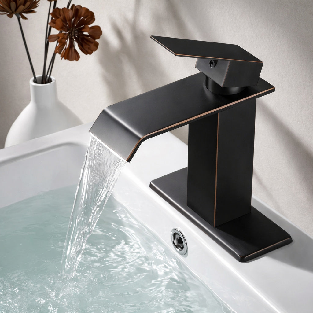 AKLFGN Waterfall Spout Single Handle Single Hole Bathroom Faucet with Deckplate and Pop up Drain in Oil Rubbed Bronze