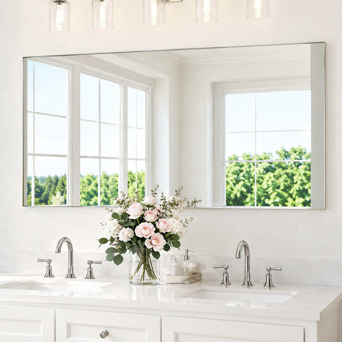 KeonJinn 60 in W x 30 in H Rectangle Aluminum Framed Beveled Bathroom Vanity Mirror Over Sink in Brushed Nickel Bathroom Mirror