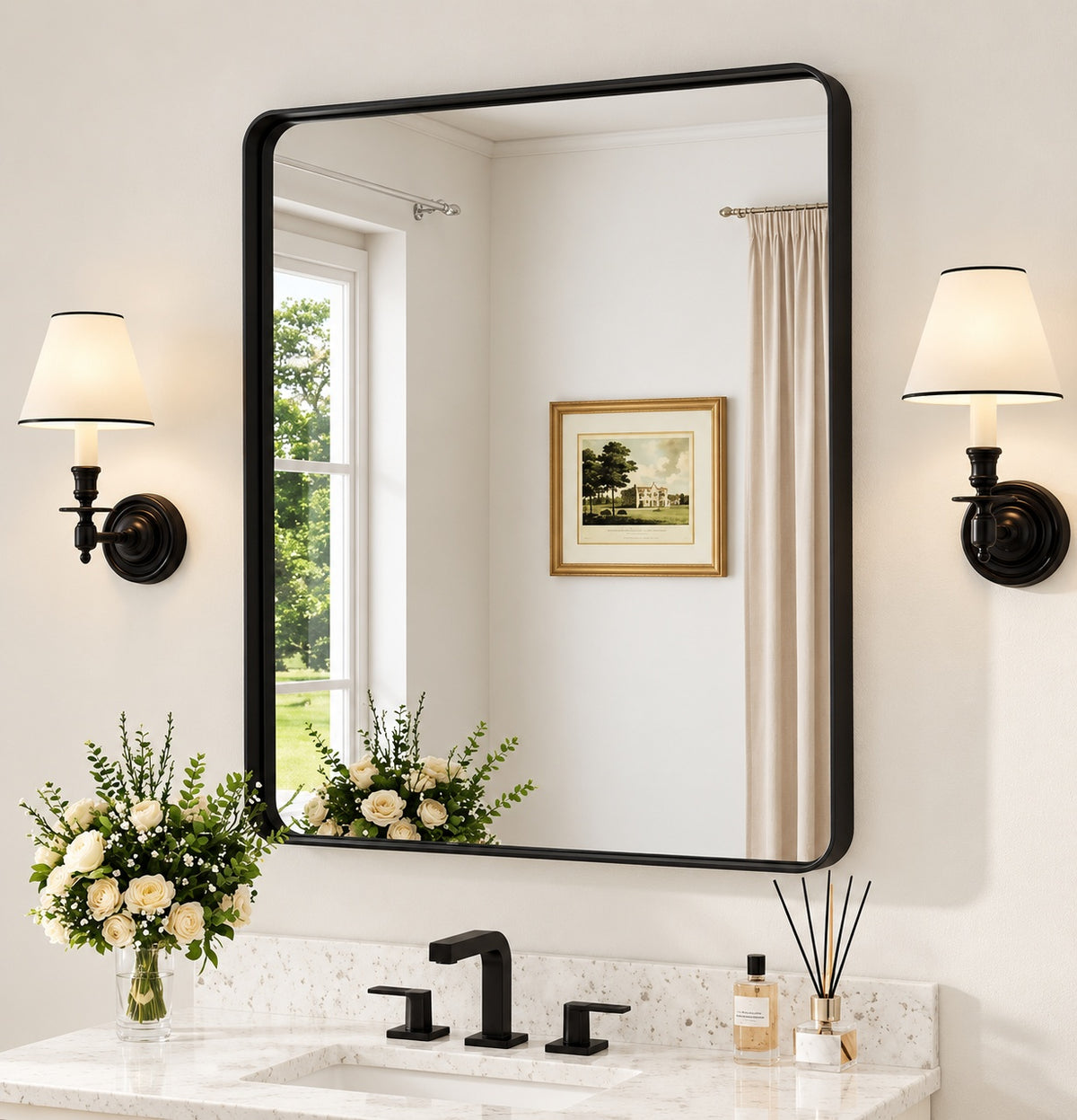 TETOTE 30 in W x 36 in H Modern Rectangular Black Bathroom Mirror Aluminum Framed Wall Bathroom Vanity Mirror