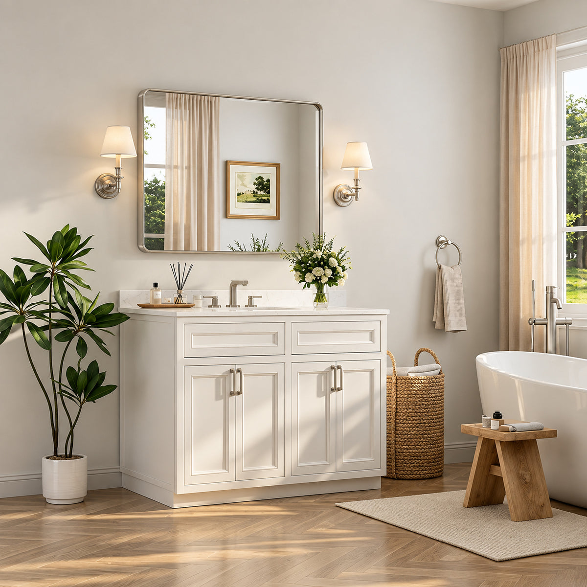 TETOTE 48 in W x 30 in H Modern Rectangular Brushed Nickel Bathroom Mirror Aluminum Framed Wall Bathroom Vanity Mirror