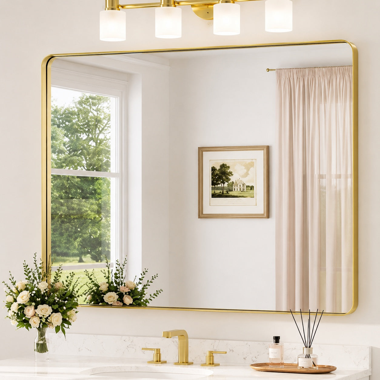 TETOTE 48 in W x 36 in H Modern Rectangular Aluminum Framed Wall Bathroom Vanity Mirror in Brush Gold Bathroom Mirror