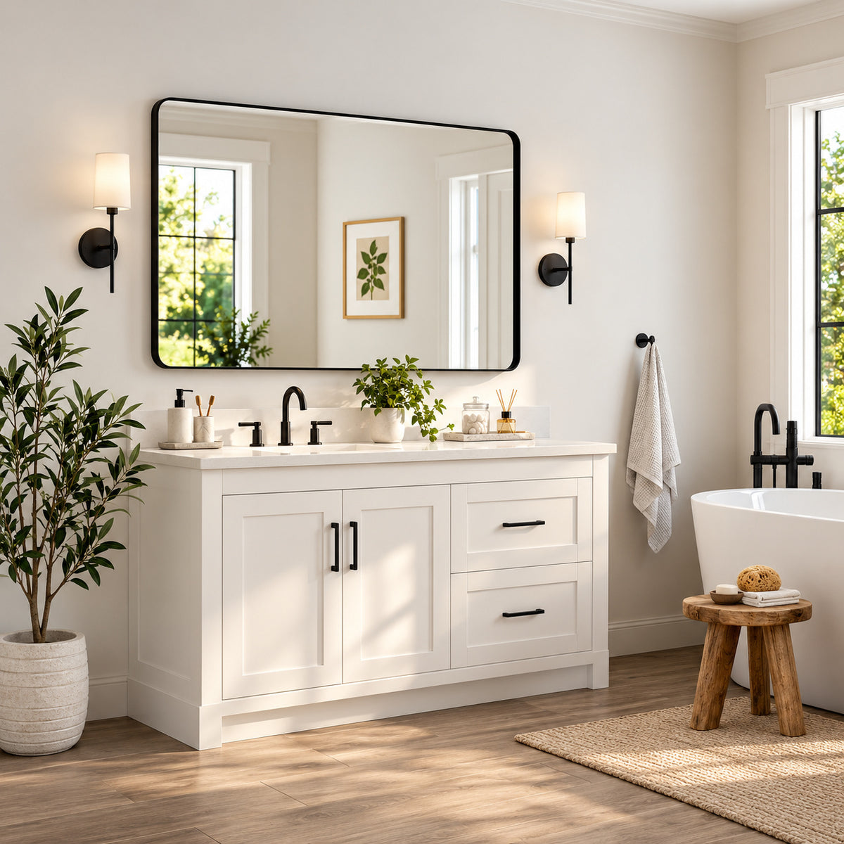 TETOTE 55 in W x 36 in H Modern Rectangular Aluminum Framed Wall Bathroom Vanity Mirror Over Sink in Black Bathroom Mirror HBM15 BK 13991