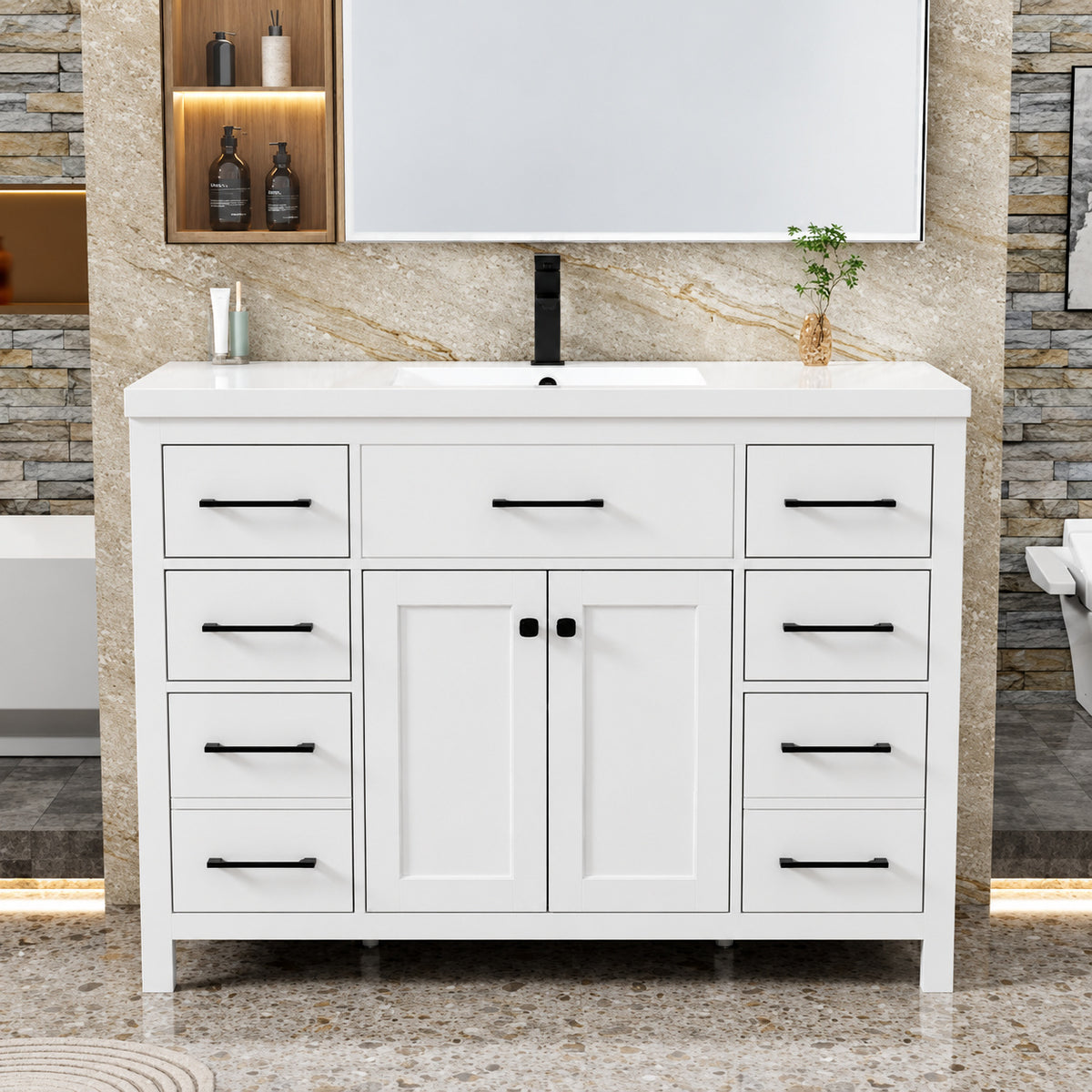 48 in W x 18 in D x 34 in H 1 Sink Freestanding Bath Vanity in White with White SMC Resin Top and Drain Faucet Set BV162WH VS060