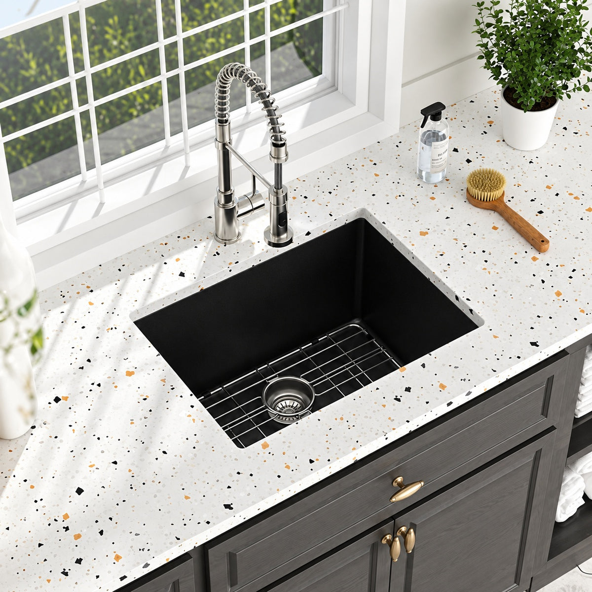 DELUXE DL LIVING 24 in Quartz Granite Composite Undermount Multifunction Single Bowl Kitchen Laundry Sink in Black with Accessories