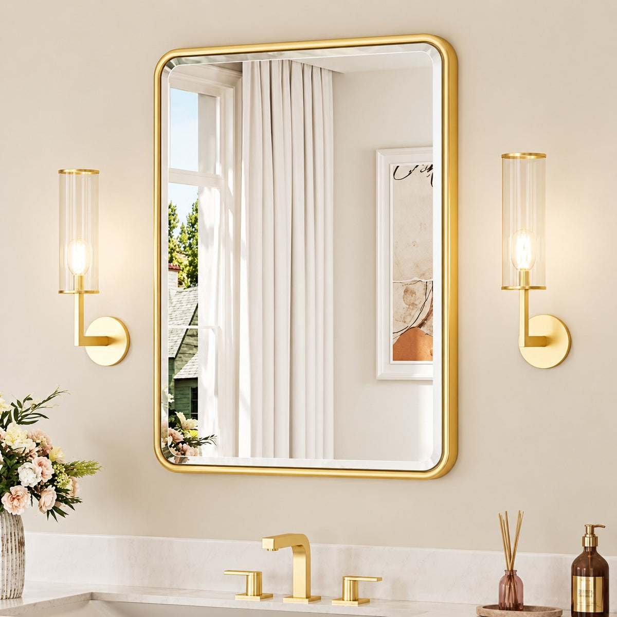 KeonJinn 24 in W x 32 in H Beveled Edge Rectangular Bathroom Mirrors Framed Wall Mount Bathroom Vanity Mirror in Brushed Gold HD KJYX6181SG