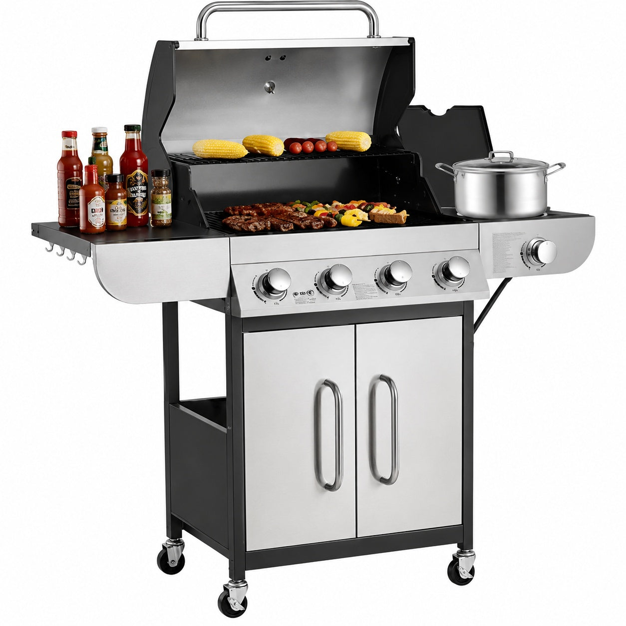 VEVOR Portable Propane Grill in Stainless Steel 4 Burner with Side Burner 425 sq in Grilling Area