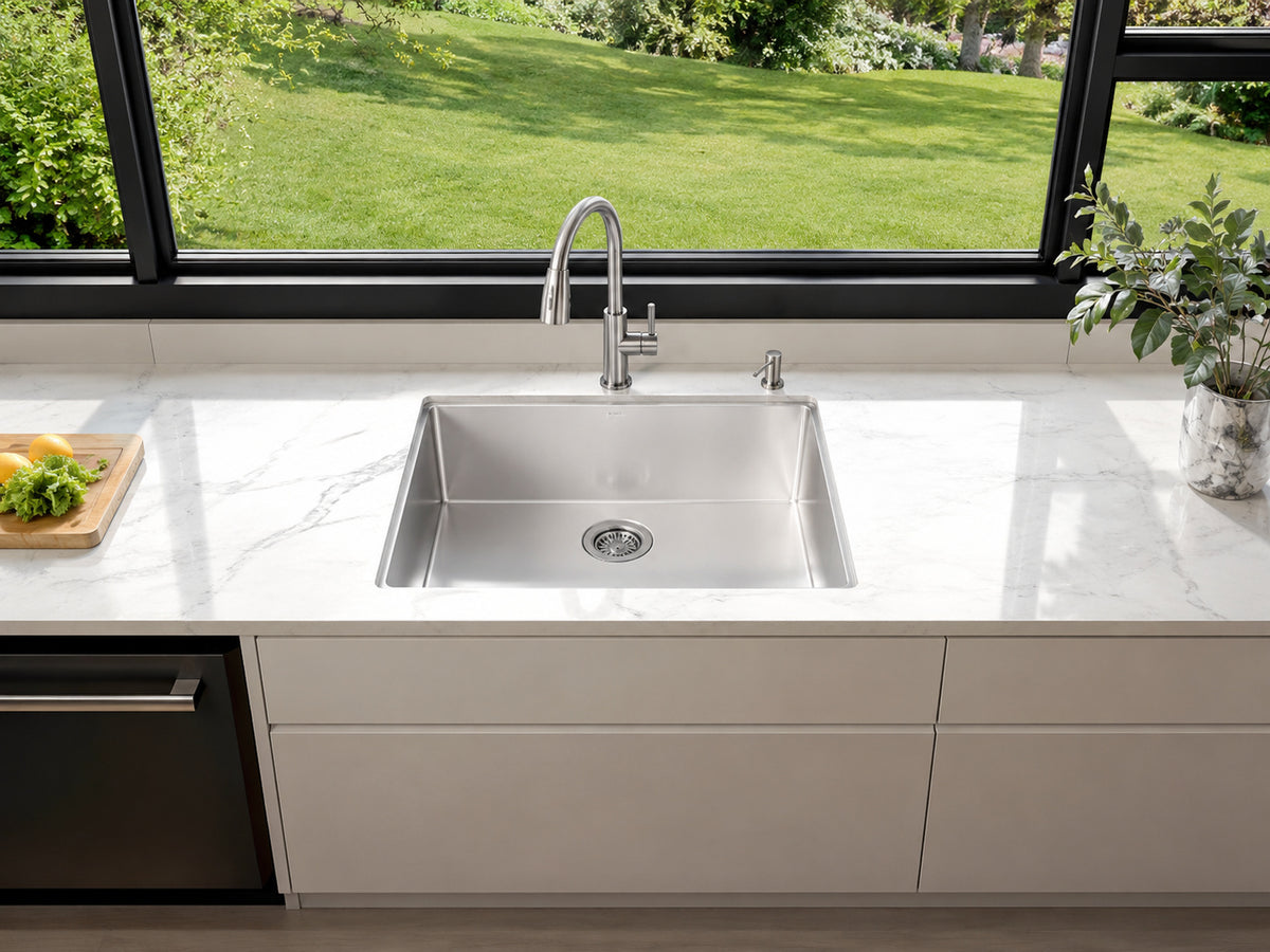 AKDY White Fireclay 25 in Single Bowl Drop in Mount Workstation Kitchen Sink with Basket Strainer and Sink Grid KS821W DS