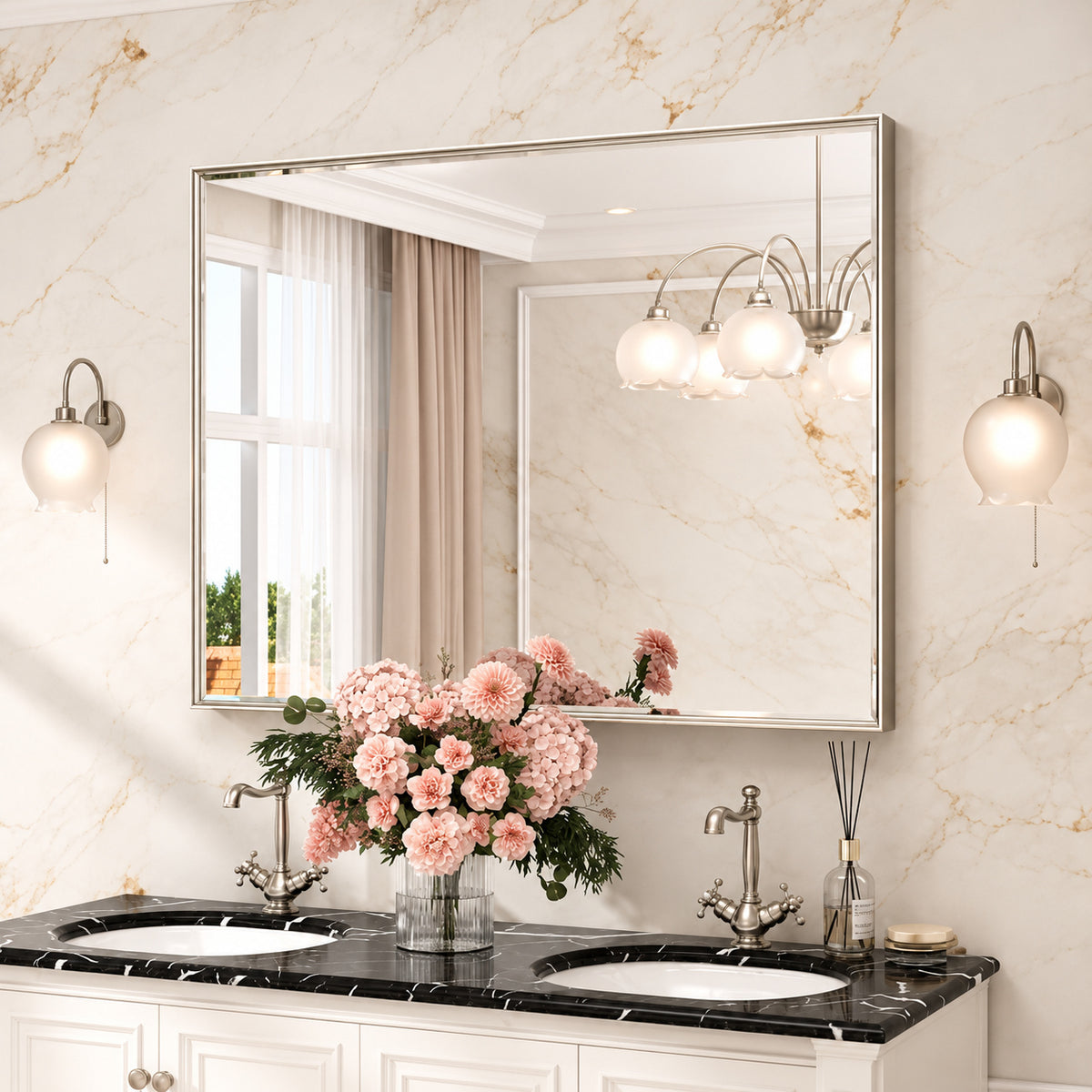 48 in. W x 36 in. H Framed Rectangular Brushed Nickel Mirrors for Bathroom Wall Beveled Mirror Bathroom Vanity Mirror
