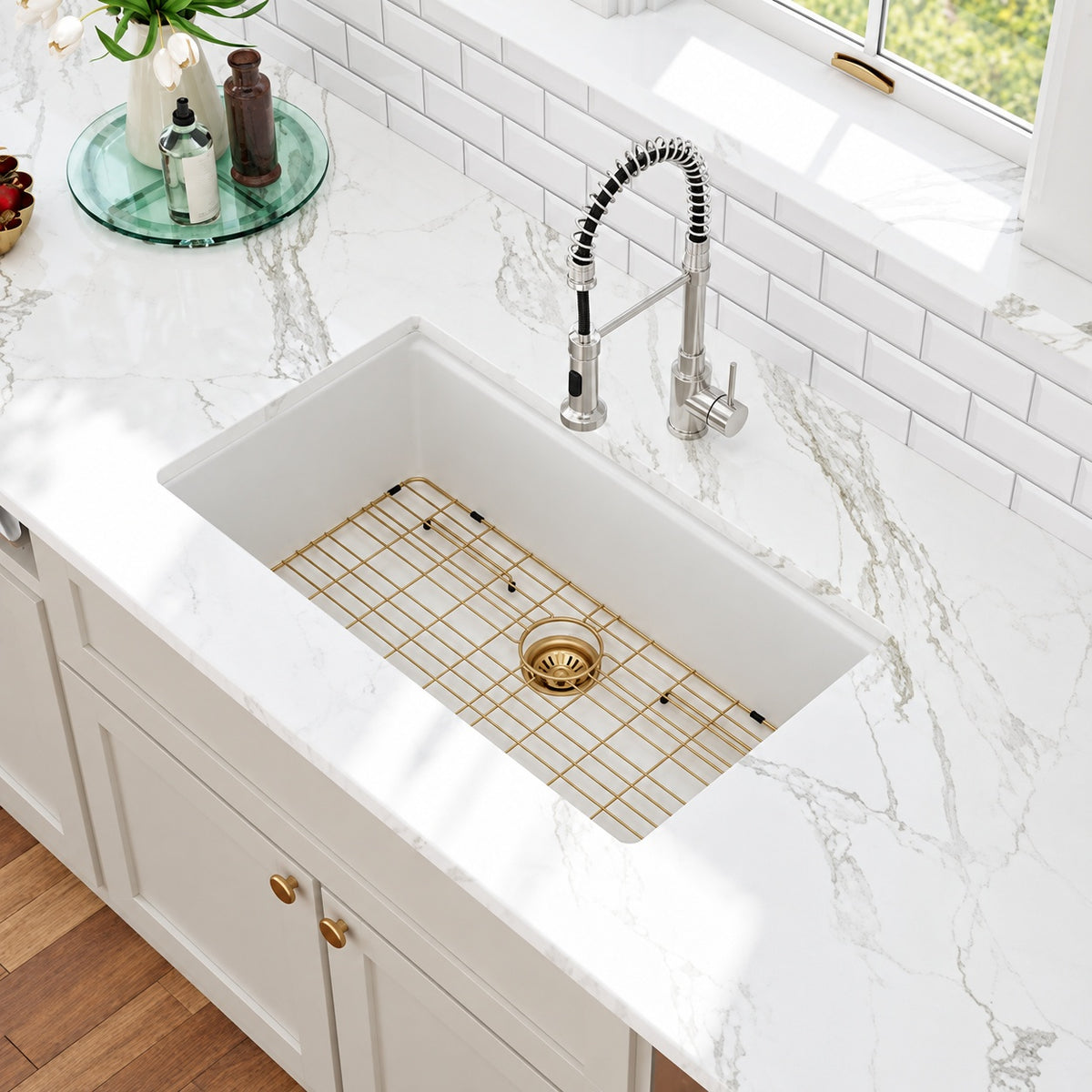 Kichae 33 in Undermount White Granite Quartz Composite Single Bowl Kitchen Sink with Bottom Grid with Gold Drain Kit