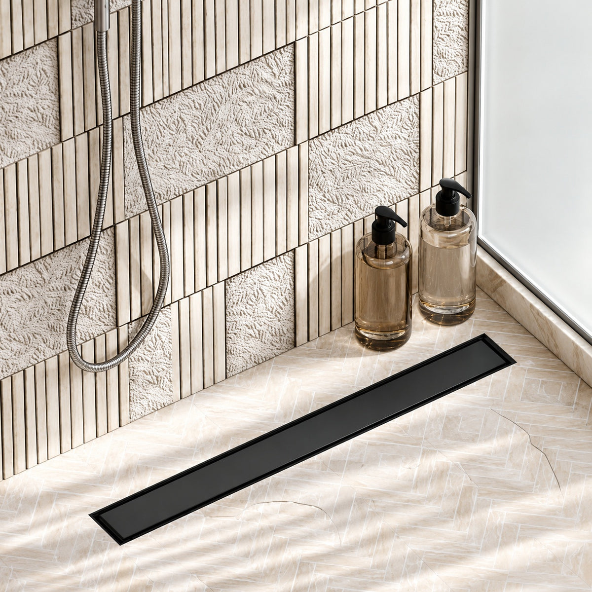 HOMEMYSTIQUE 24 in Linear Shower Drain with 2 in 1 Tile Insert Grate 304 Stainless Steel Floor Drain w Strainer Matte Black H 105FD24 B