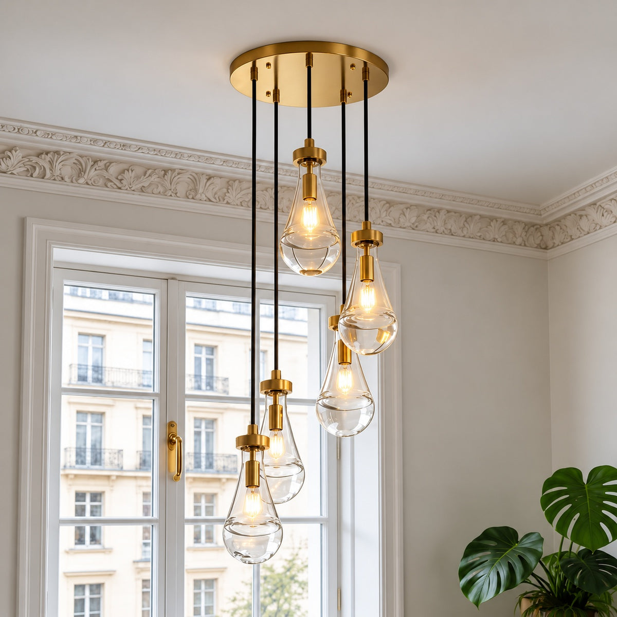 Emeritpro 5 Light Copper Pendant Light with Teardrop Glass Shades Traditional Hanging Chandelier E12 Base No Bulbs Included HG CX25001EDBA2 1AP3