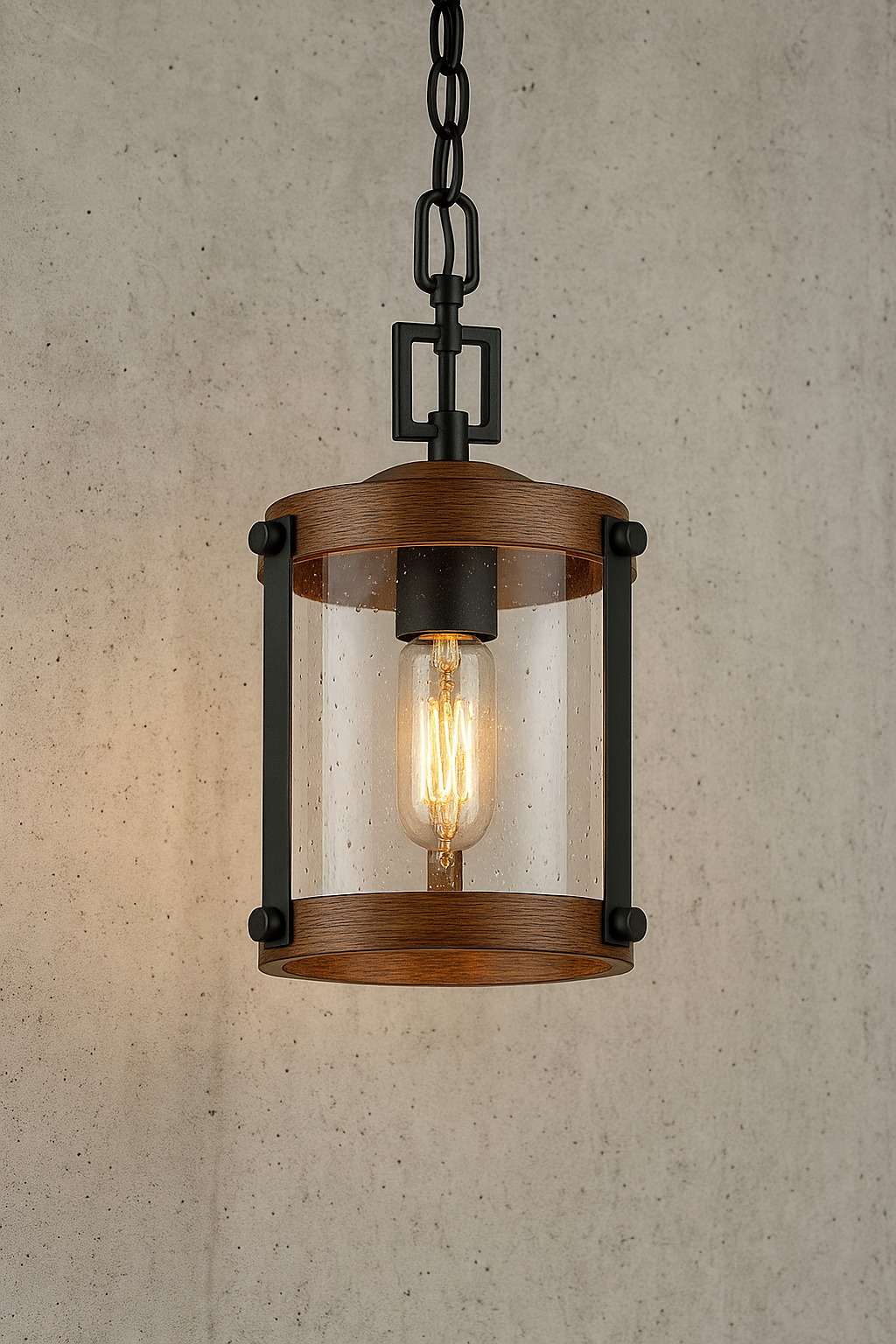 Modern Farmhouse Brown Chandelier 1-Light 6 in. Black Drum Mini Island Pendant Light with Seeded Glass Shades