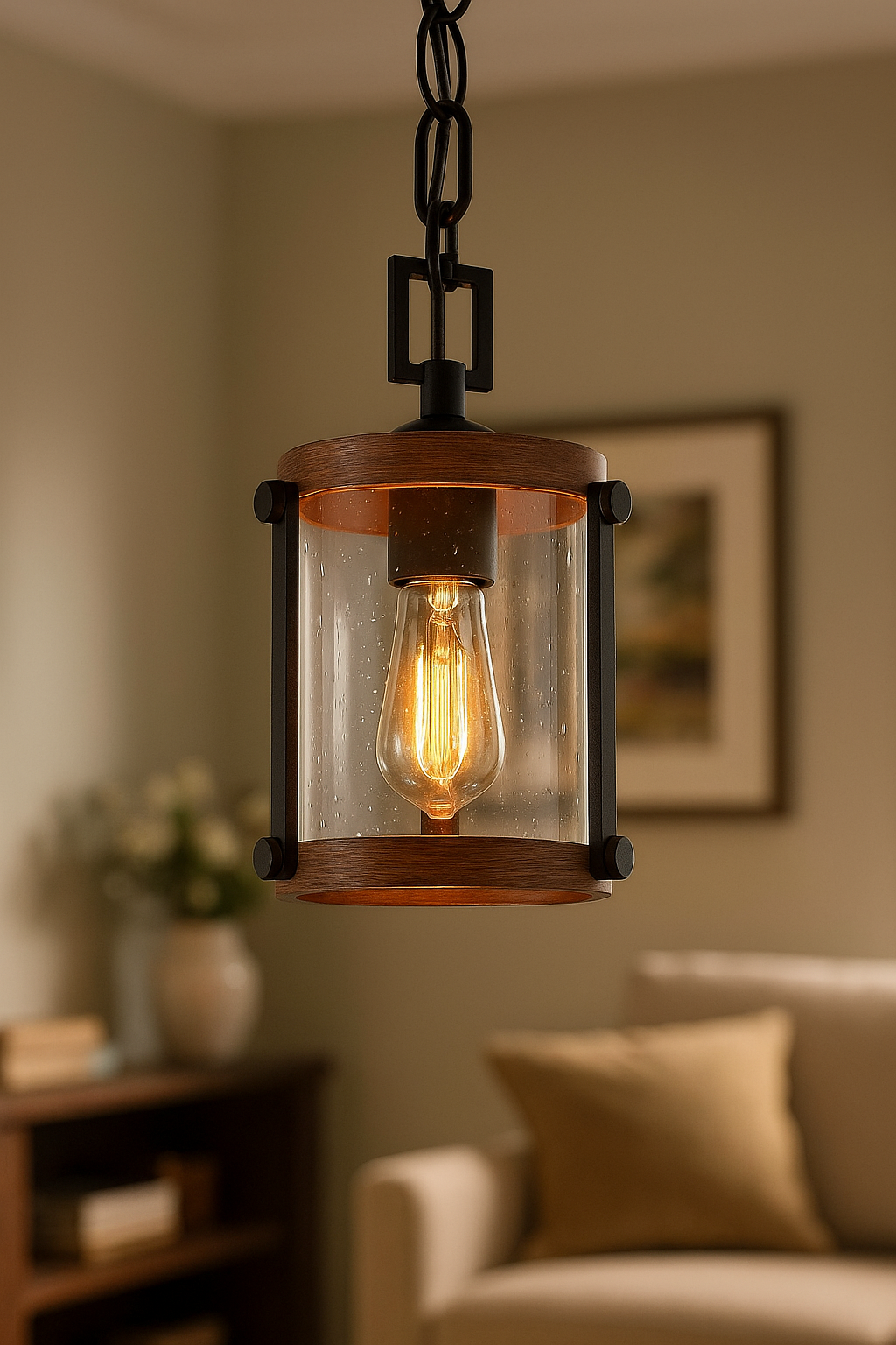 Modern Farmhouse Brown Chandelier 1-Light 6 in. Black Drum Mini Island Pendant Light with Seeded Glass Shades