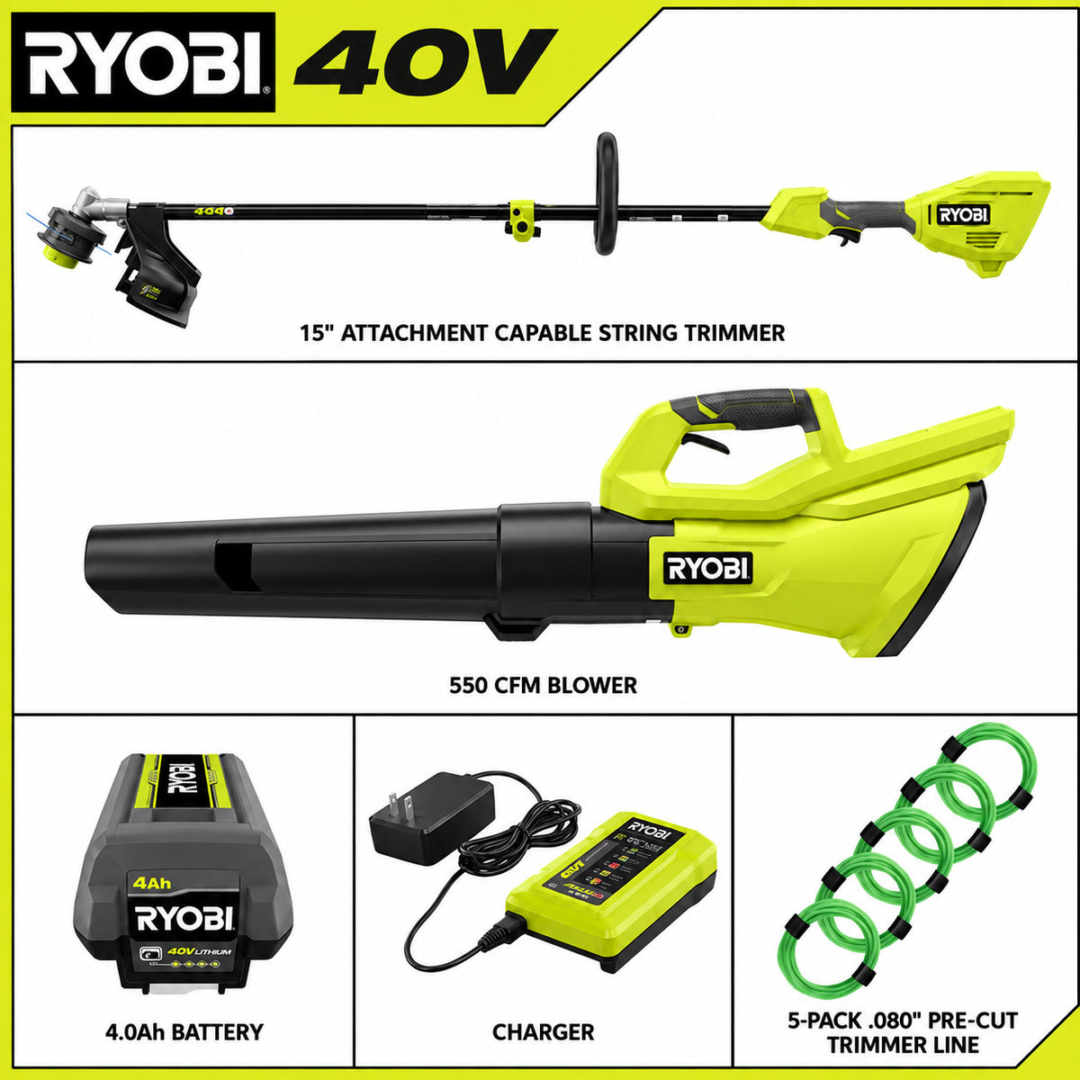 RYOBI 40V Cordless Attachment Capable String Trimmer 550 CFM 120 MPH Blower 080 Pre Cut Line w 4 0 Ah Battery Charger RY40CK201K AC0580PCL