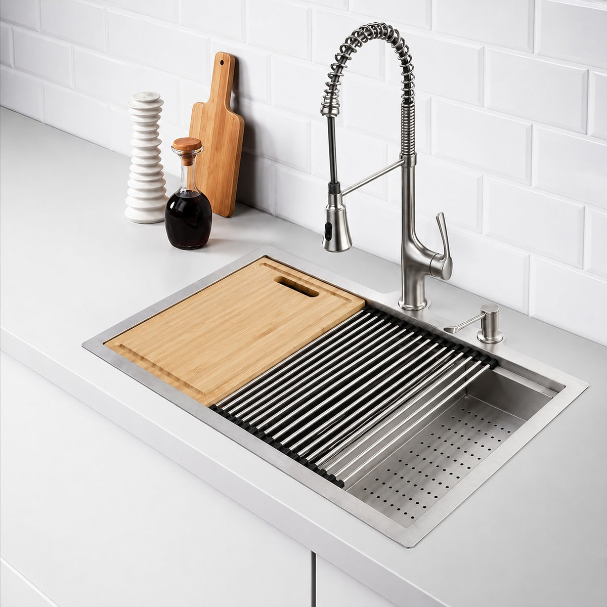 Glacier Bay Zero Radius 33 in Drop In 50 50 Double Bowl 18 Gauge Stainless Steel Kitchen Sink with Accessories 4310F