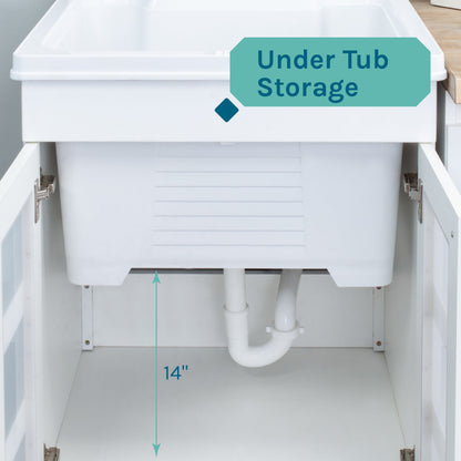 Tehila White Vanity Cabinet and White Utility Sink with Stainless Steel Finish Low-Profile Pull-Down Faucet