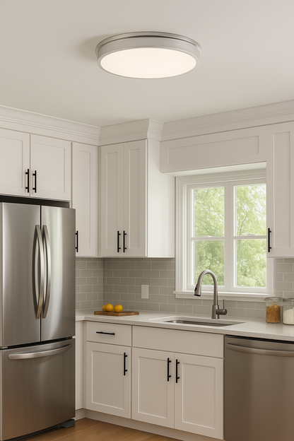 Hampton Bay 32 in. Transitional Brushed Nickel Integrated Dimmable LED Flush Mount with Frosted Plastic Lens for Kitchen