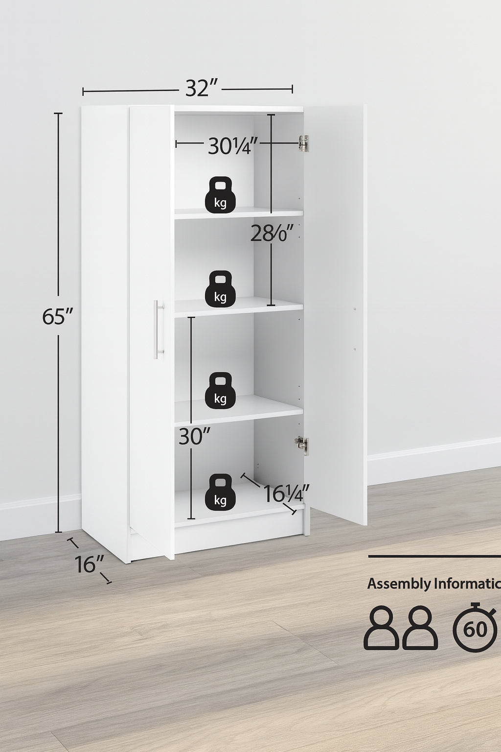 Prepac Wood Freestanding Garage Cabinet in White (32 in. W x 65 in. H x 16 in. D)