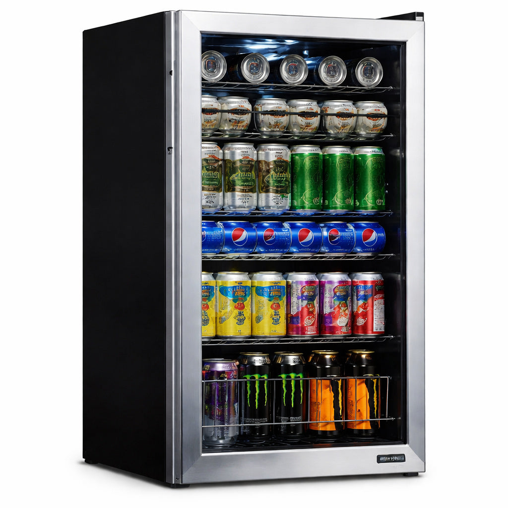NewAir 19 in. 126 (12 oz) Can Freestanding Beverage Cooler Fridge with Adjustable Shelves - Stainless Steel