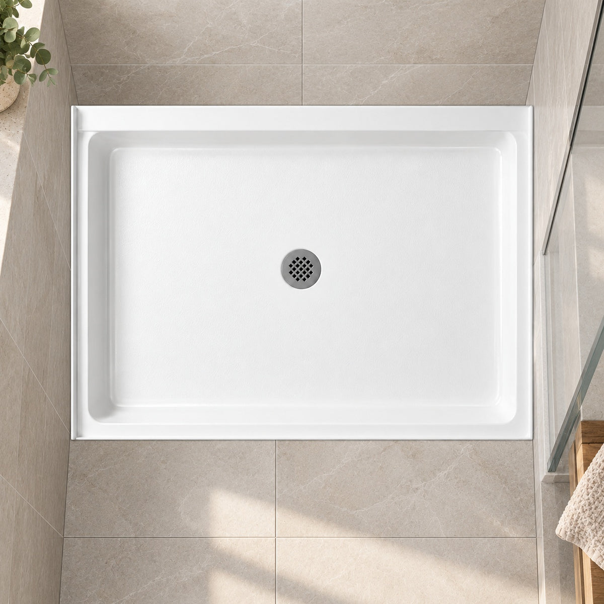 Swan 34 in x 42 in Solid Surface Single Threshold Center Drain Shower Pan in White