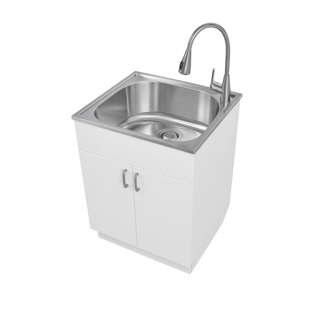 Glacier Bay 24 in. W x 21 in. D x 34 in. L Stainless Steel Laundry/Utility Sink with Faucet and Cabinet in White