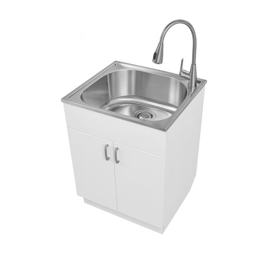 Glacier Bay 24 in W x 21 in D x 34 in L Stainless Steel Laundry Utility Sink with Faucet and Cabinet in White