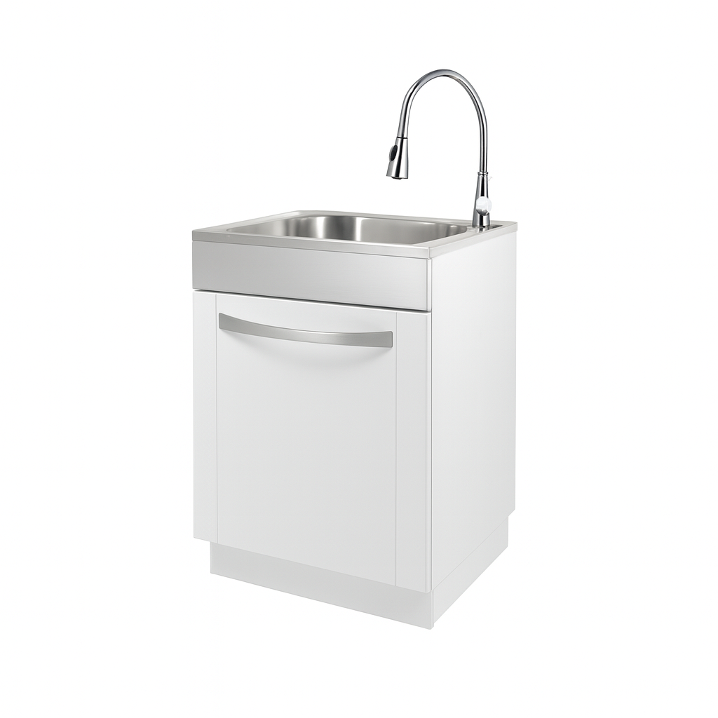 Glacier Bay 24 in W x 21 in D x 34 in L Freestanding Stainless Steel Apron Front Laundry Sink with Faucet and Cabinet in White