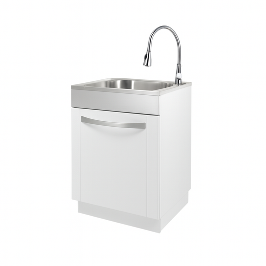 Glacier Bay 24 in W x 21 in D x 34 in L Freestanding Stainless Steel Apron Front Laundry Sink with Faucet and Cabinet in White