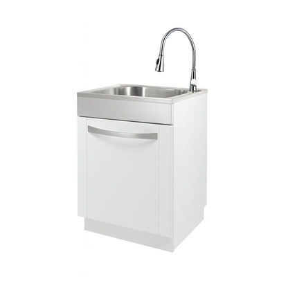 Glacier Bay 24 in W x 21 in D x 34 in L Freestanding Stainless Steel Apron Front Laundry Sink with Faucet and Cabinet in White