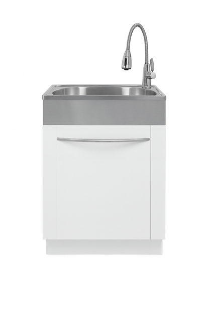 Glacier Bay 24 in W x 21 in D x 34 in L Freestanding Stainless Steel Apron Front Laundry Sink with Faucet and Cabinet in White