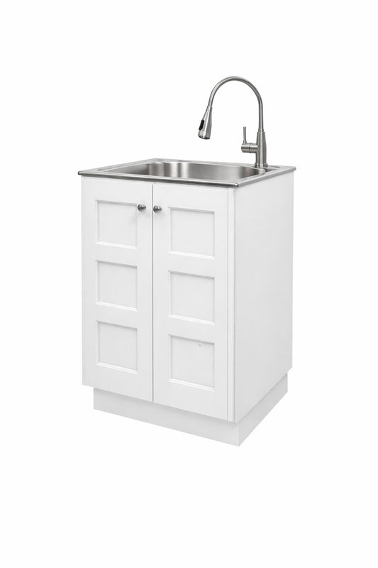 Glacier Bay 24 in W x 21 in D x 34 in L Stainless Steel Laundry Sink with Faucet and Double Doors Cabinet in White