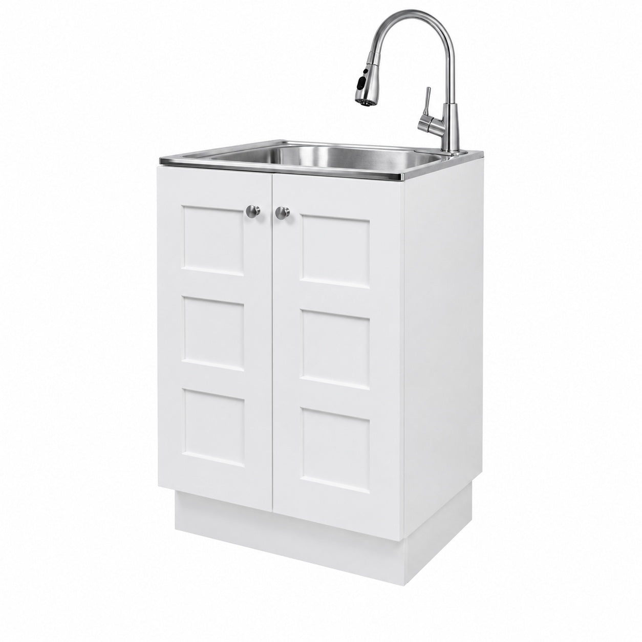 Glacier Bay 24 in W x 21 in D x 34 in L Stainless Steel Laundry Sink with Faucet and Double Doors Cabinet in White