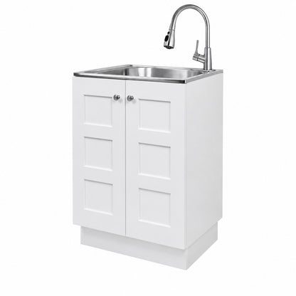 Glacier Bay 24 in W x 21 in D x 34 in L Stainless Steel Laundry Sink with Faucet and Double Doors Cabinet in White