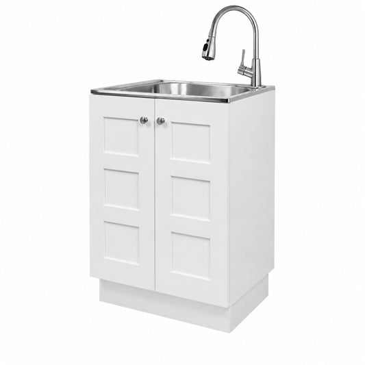 Glacier Bay 24 in W x 21 in D x 34 in L Stainless Steel Laundry Sink with Faucet and Double Doors Cabinet in White