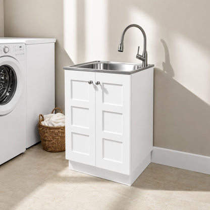 Glacier Bay 24 in W x 21 in D x 34 in L Stainless Steel Laundry Sink with Faucet and Double Doors Cabinet in White