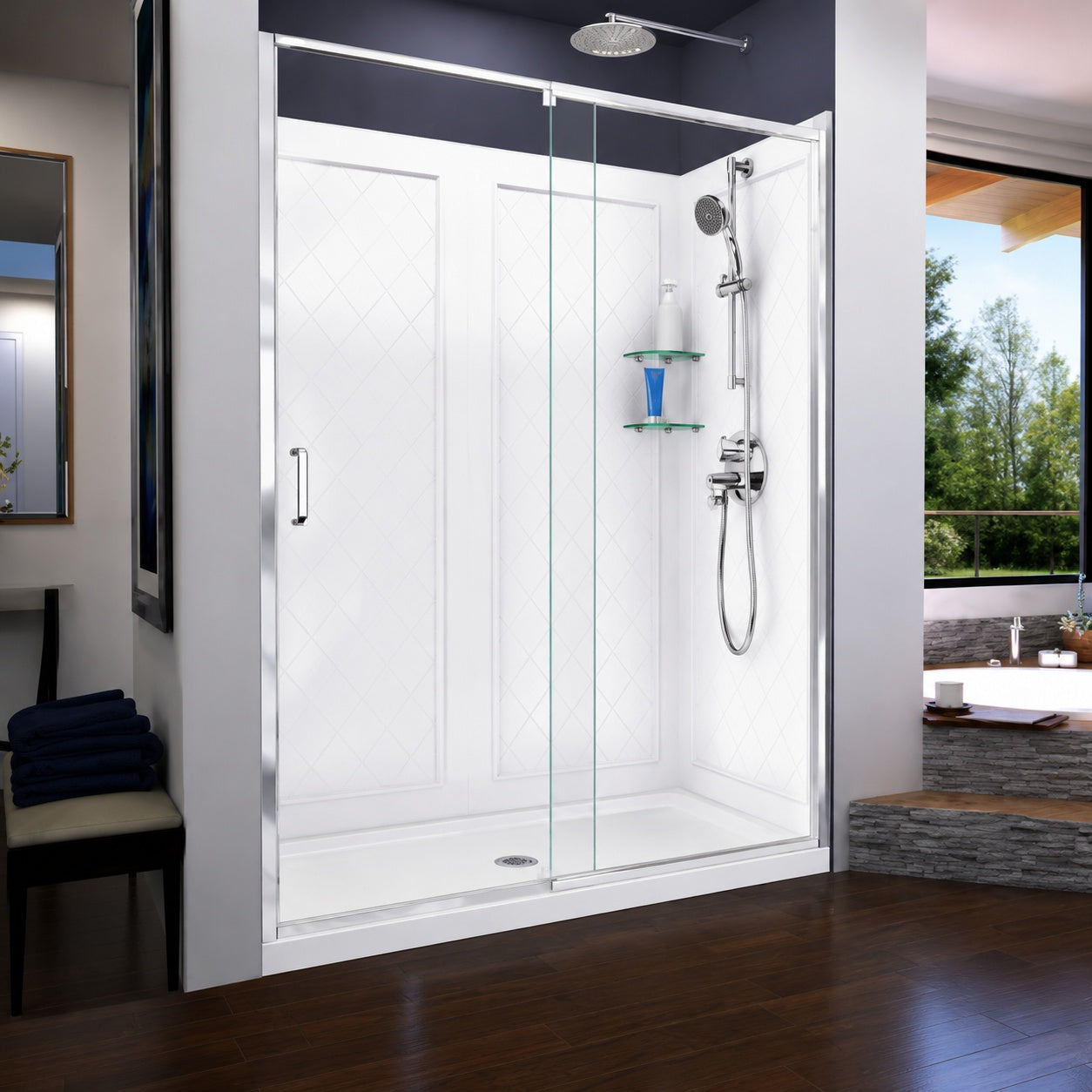 DreamLine Visions 60 in W x 36 in D x 74 3 4 in H Semi Frameless Shower Door in Chrome with Black Base Center Drain