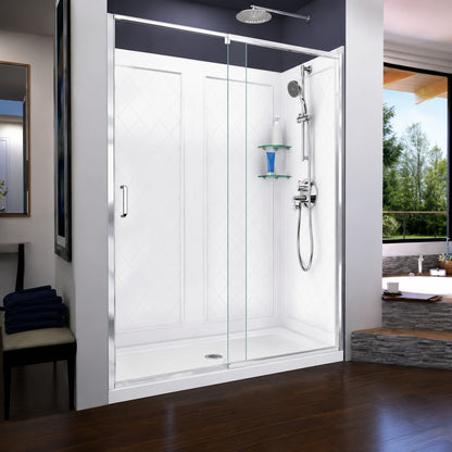 DreamLine Visions 60 in W x 36 in D x 74 3 4 in H Semi Frameless Shower Door in Chrome with Black Base Center Drain