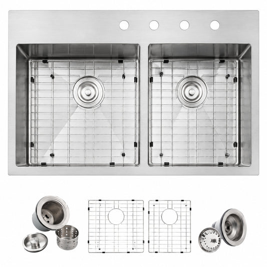 Glacier Bay Professional Tight Radius 33 in Drop In 60 40 Double Bowl 16 Gauge Stainless Steel Kitchen Sink with Accessories