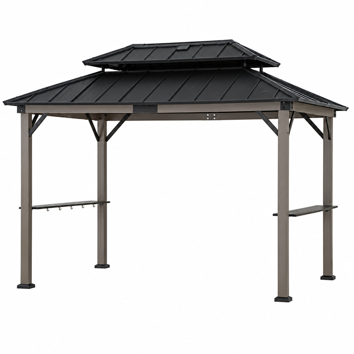 Sunjoy 8 ft x 12 ft Matte Black Churchill Cedar Framed Grill Gazebo with Exclusive AC Power Port and Cook Station for Backyard