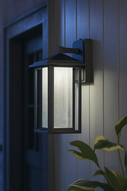 Home Decorators Collection Mauvo Canyon 15 5 in Black Dusk to Dawn LED Outdoor Wall Light Fixture Porch Sconce with Seeded Glass KB 06005 DEL